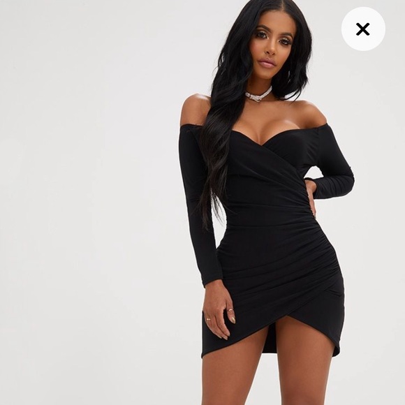 shape black ruched bardot bodycon dress